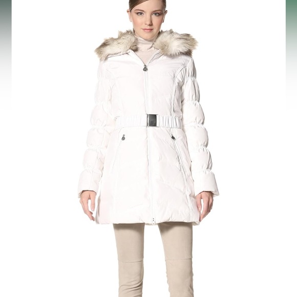 Laundry by Shelli Segal white puffer coat size Detachable belt hood and neck fur - Picture 13 of 13